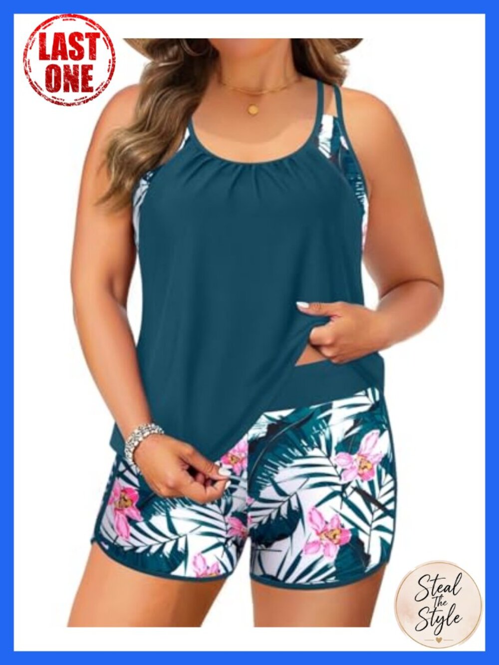 Plus Size Blouson Tankini Swimset High Waist Shorts Tummy Control Two Piece